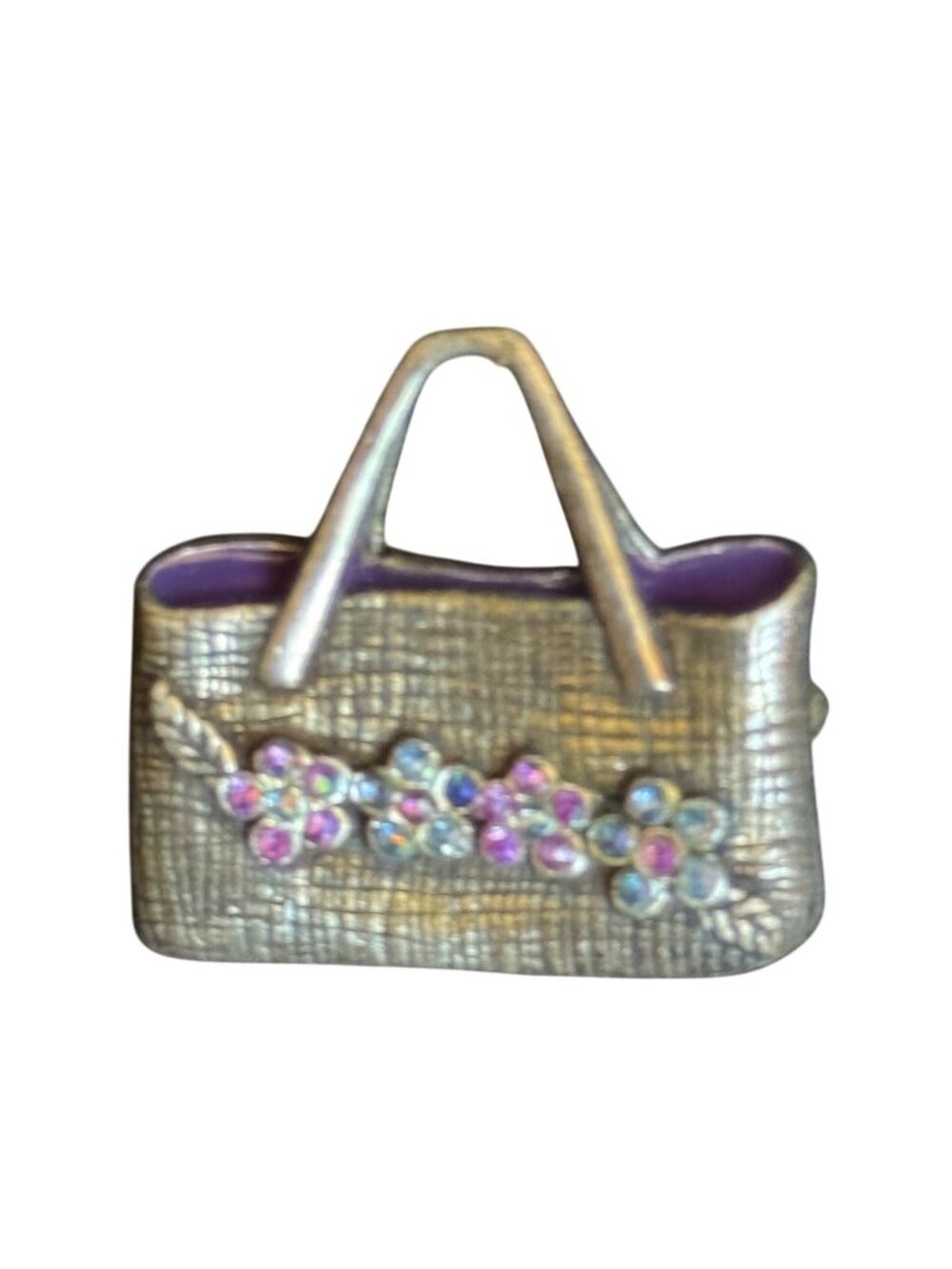 Vintage Handbag Pin Brooch With Floral Rhinestone Accents & Purple Enamel Detail